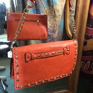 Orange leather studded shoulder bag ✨